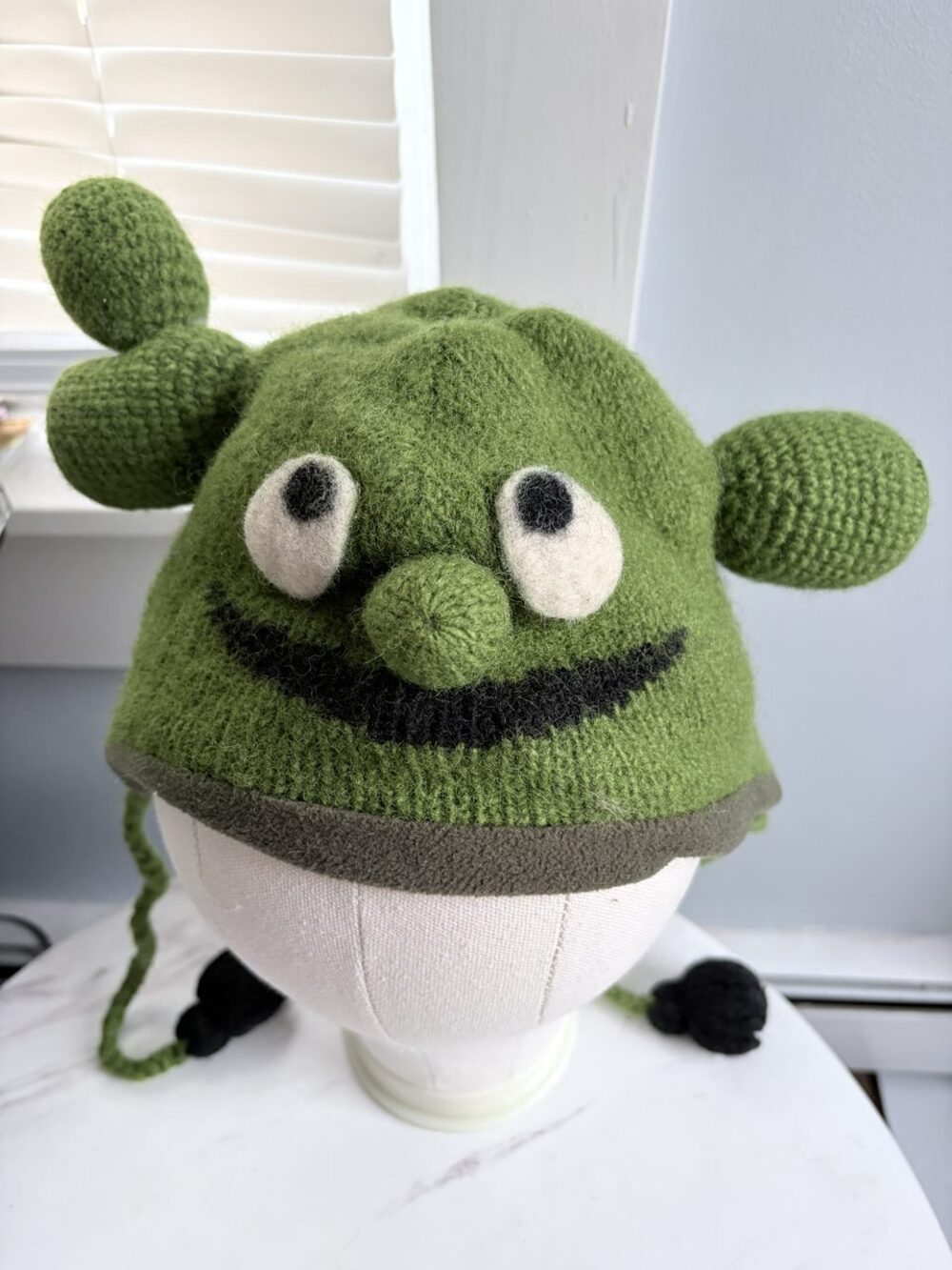 Nirvanna Designs Hand Knit Wool Green Monster Trapper Hat Fleece Lined